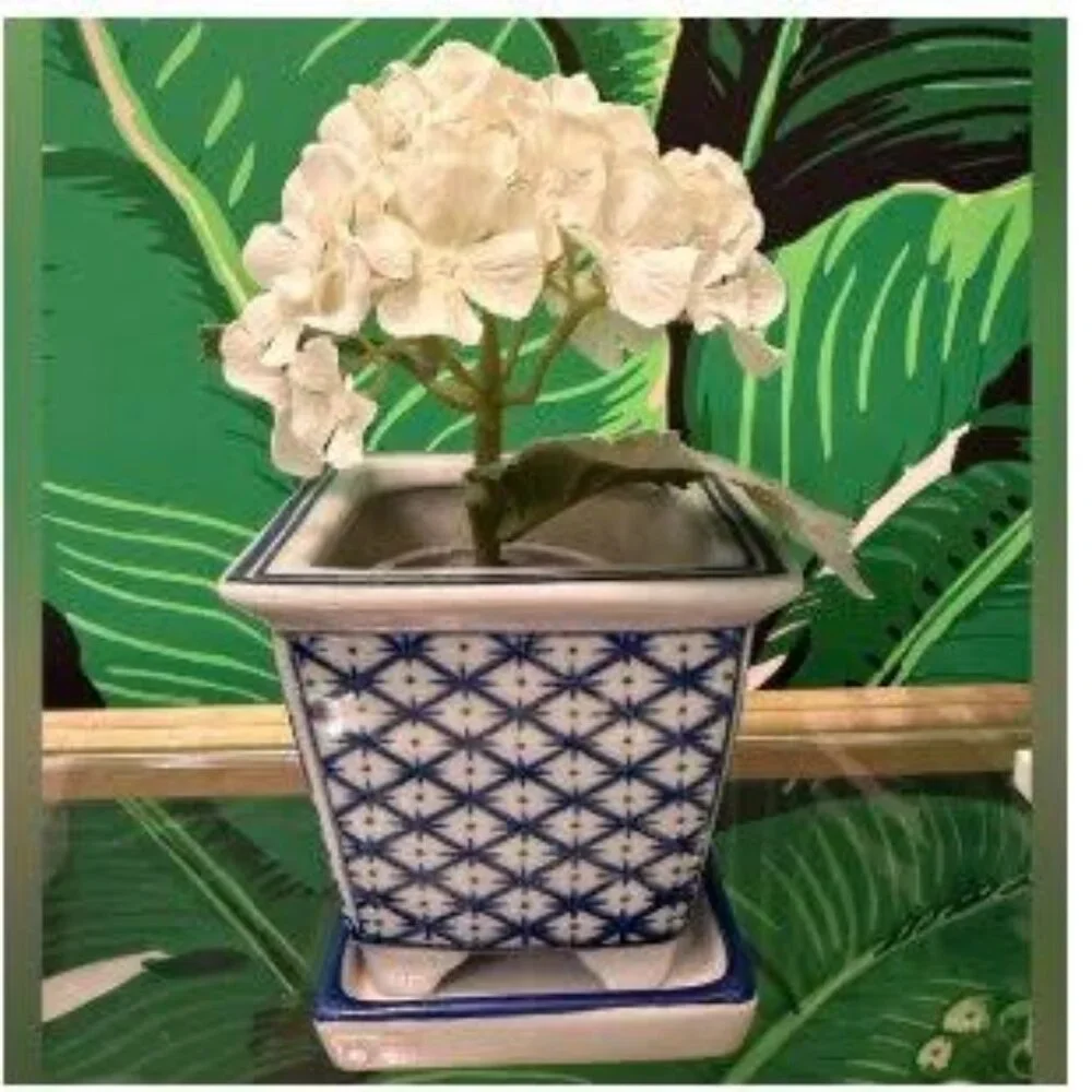 Society Social Blue White Ceramic Planter Faux Hydrangea